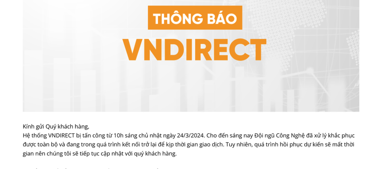 Thông báo hệ thống bị tấn công của VNDirect - Ảnh chụp màn hình