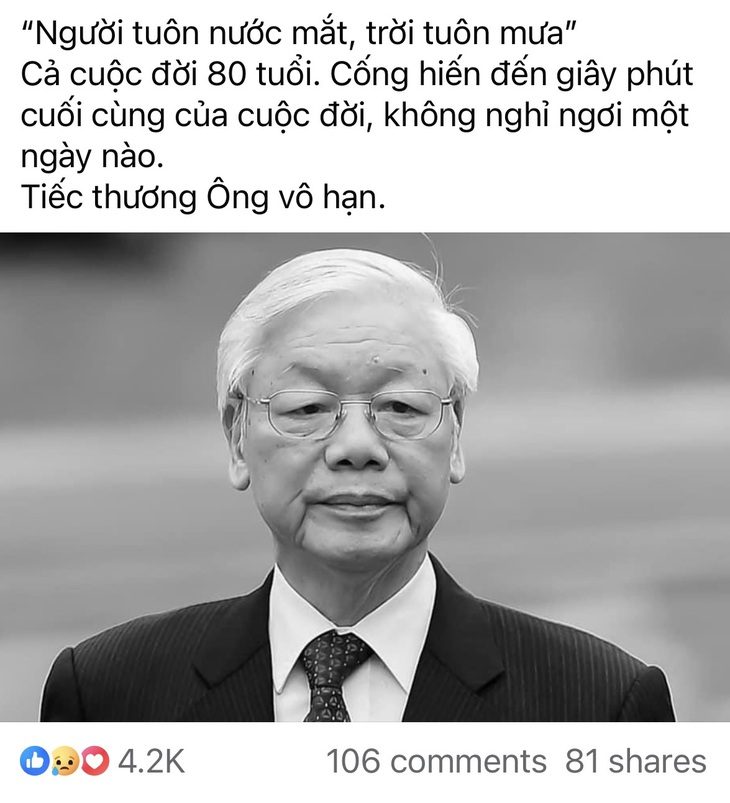 Cộng đồng mạng gửi vô vàn lời tiếc thương trước sự ra đi của Tổng bí thư Nguyễn Phú Trọng - Ảnh chụp từ Facebook